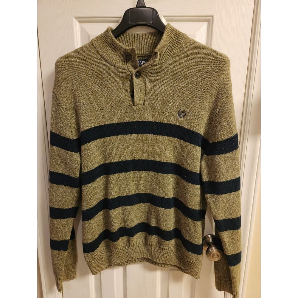 Men's Chaps Sweater Sz XL Olive Navy Stripe Henley Crest Cotton Preowned EUC